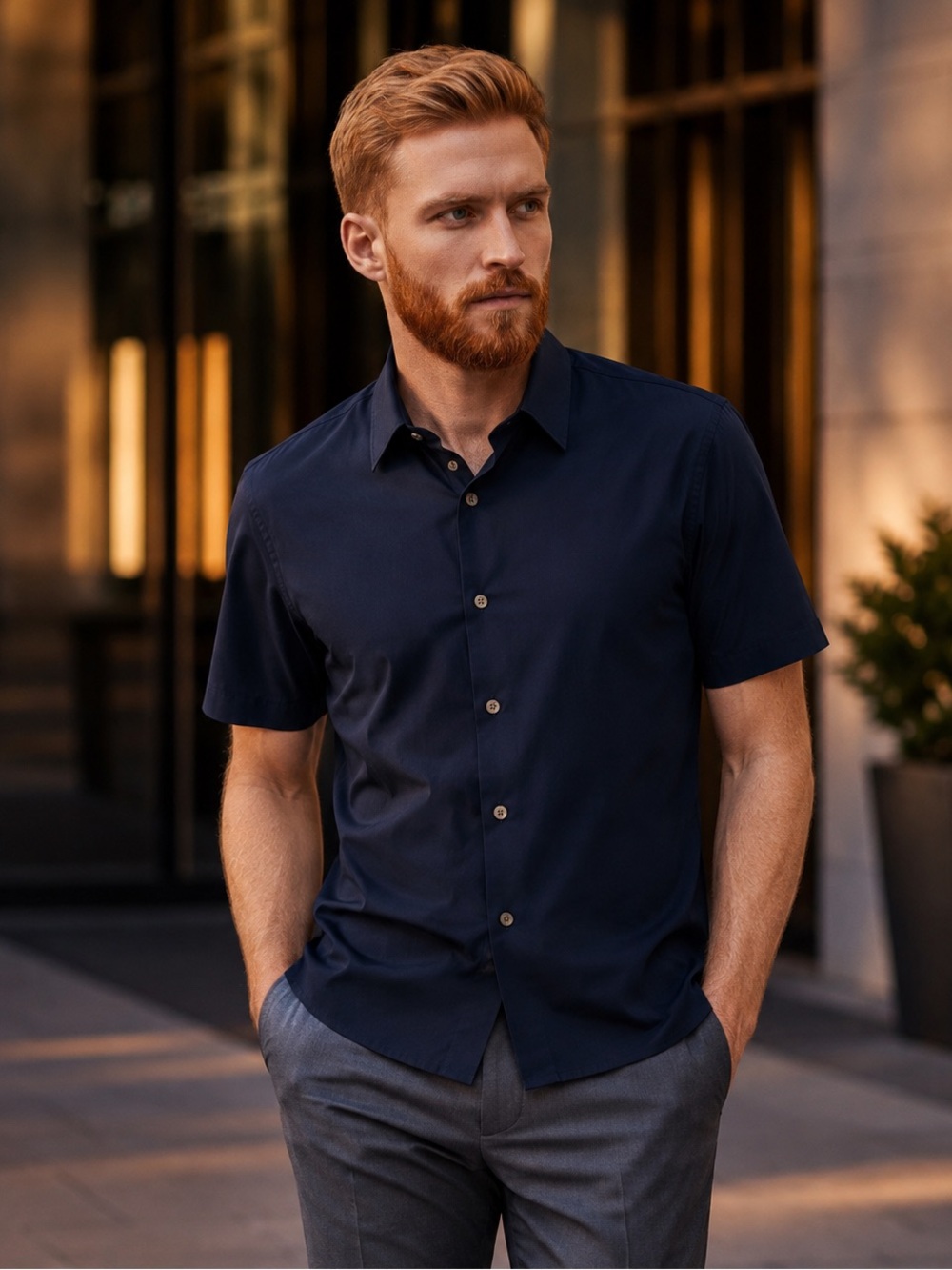 Theory Sylvain S Wealth Button Front Shirt Mens Large Navy Stretch Short Sleeve